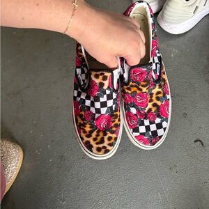 Vans Red Floral Checkered Leopard Slip-On Sneakers